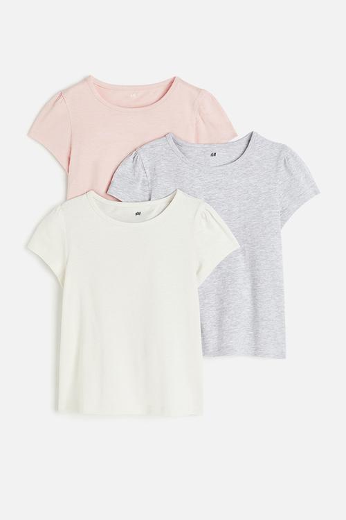 3 Pack puff-sleeved tops - light grey marl & light pink