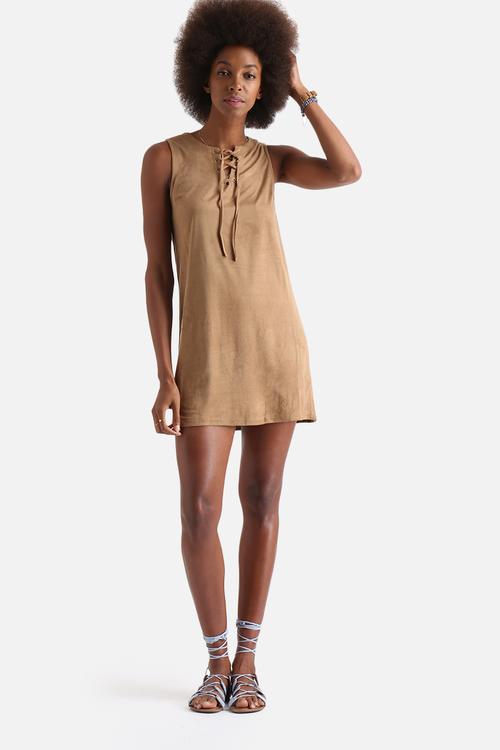 Lace Up Front Suede Shift Dress