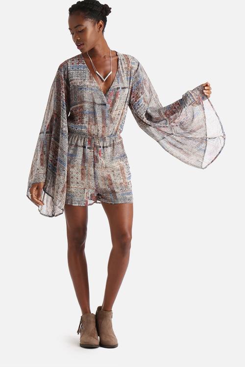 Washed Out Tile Print Bell Sleeve Playsuit