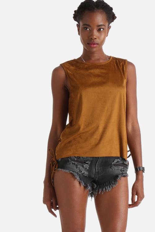 Faux Suede Vest With Eyelet Lace Up Detail