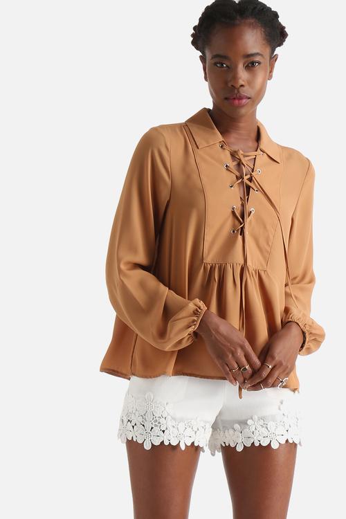 Peasant Blouse With Eyelet Lace Up