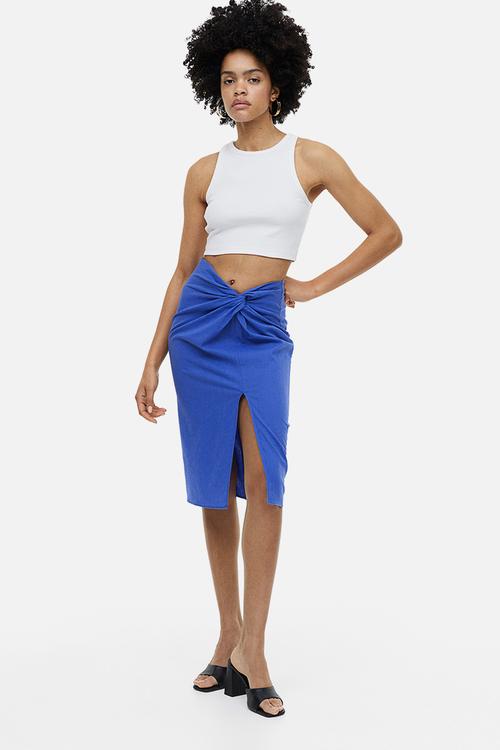 Knot-detail linen-blend skirt - bright blue