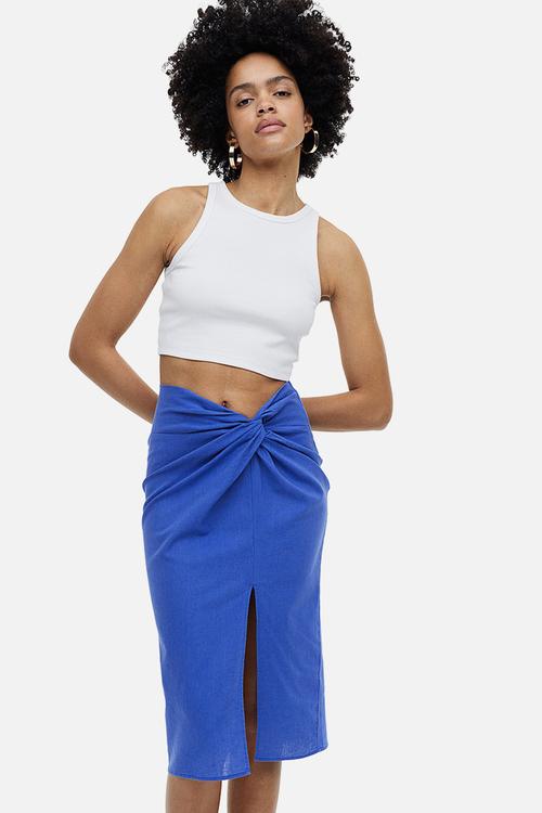 Knot-detail linen-blend skirt - bright blue