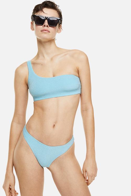 One-shoulder padded bikini top - light turquoise glittery