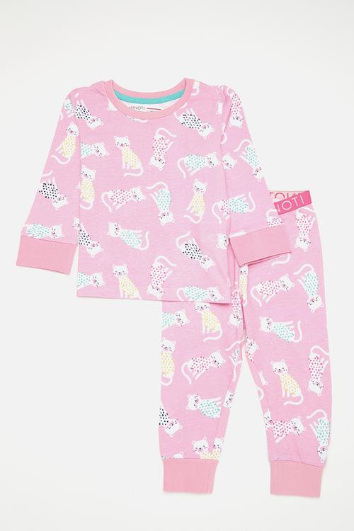 Girls 2 pack aop cats long sleeve long leg pyjama set - pink 