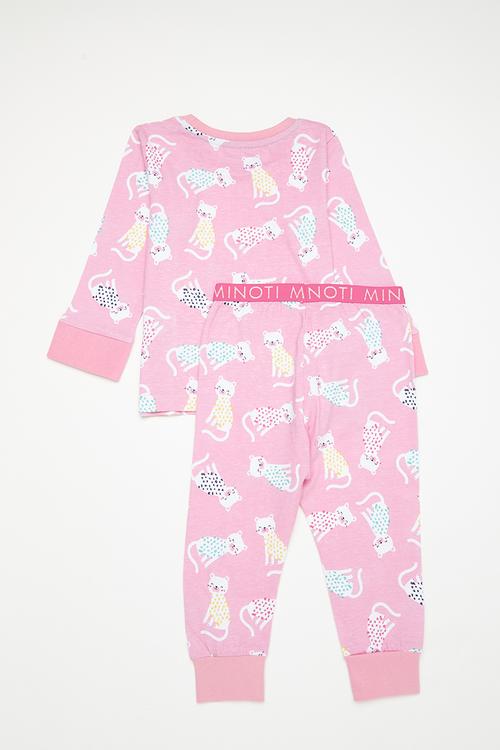 Girls 2 pack aop cats long sleeve long leg pyjama set - pink 