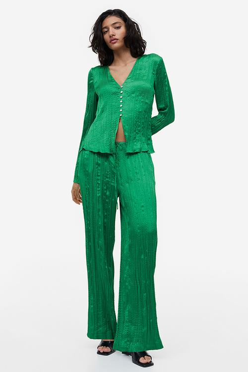 Pleated satin blouse - green