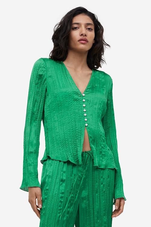 Pleated satin blouse - green