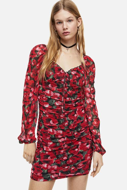 Gathered mesh dress - red floral 