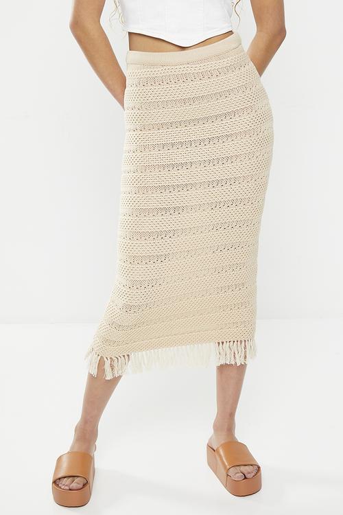 Jetset crochet fringe midii skirt - pale beige