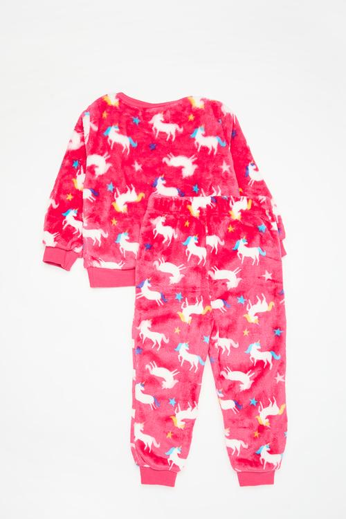 Girls 2 piece unicorn cuddle fleece pyjama set - pink
