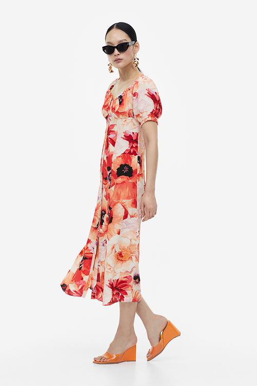 Off-the-shoulder crêpe dress - light orange floral