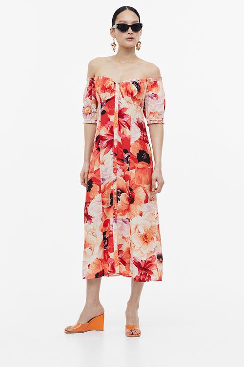 Off-the-shoulder crêpe dress - light orange floral