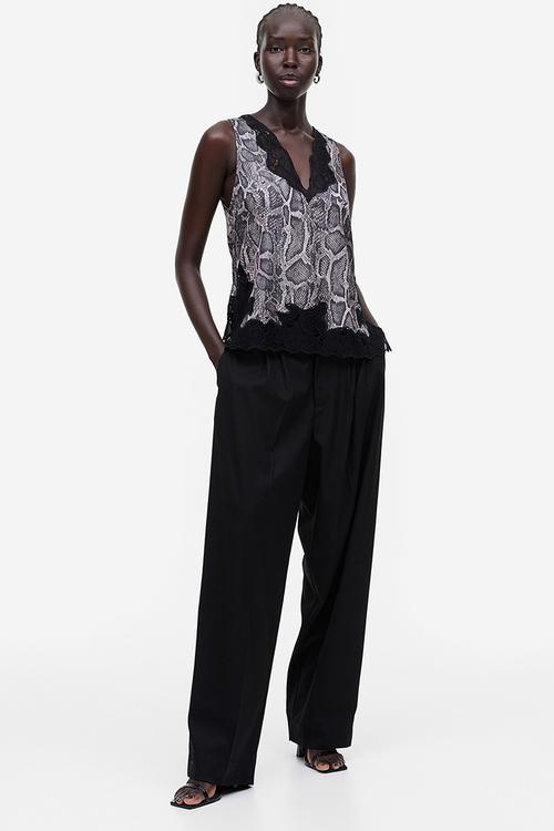 Lace-detail satin top - brown snakeskin patterned 