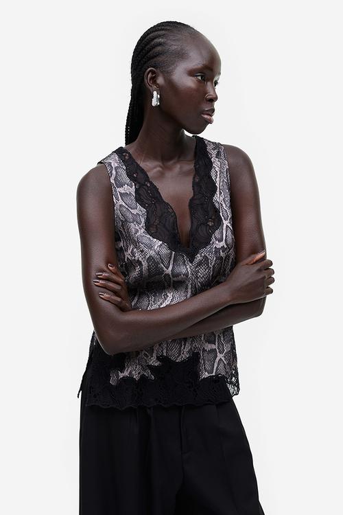 Lace-detail satin top - brown snakeskin patterned 