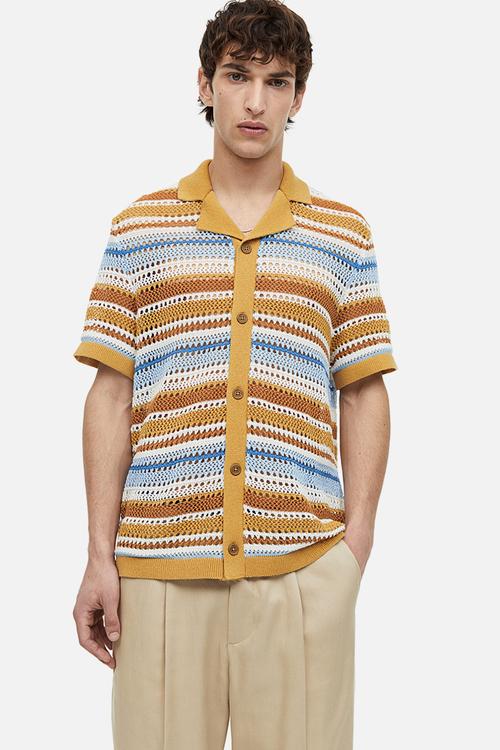 Regular fit crochet-look resort shirt - beige/striped