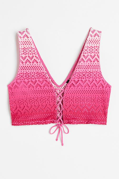 Lacing detail hole patterned jersey top - light pink