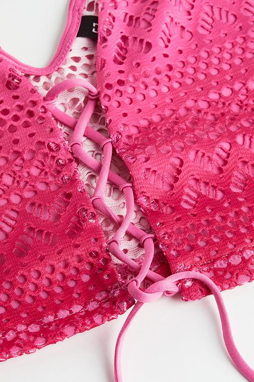 Lacing detail hole patterned jersey top - light pink