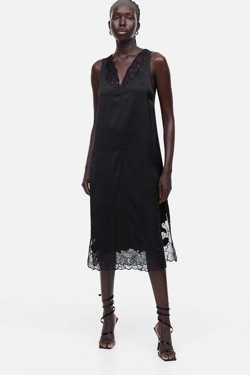 Lace-detail satin dress - black