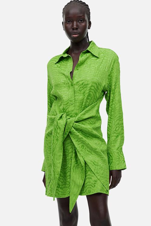 Tie-detail shirt dress - green crocodile patterned