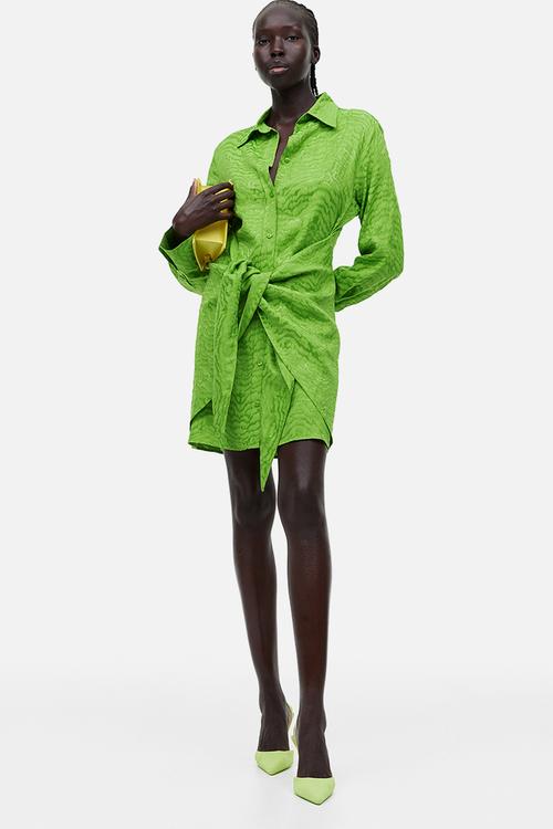 Tie-detail shirt dress - green crocodile patterned