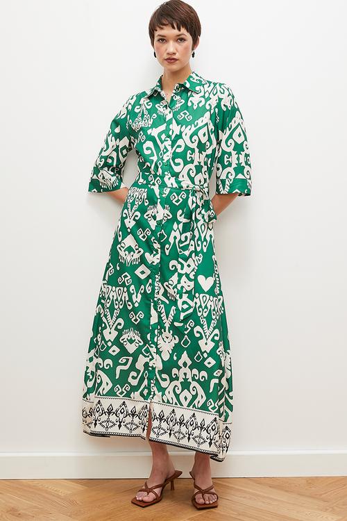 Printed self belted midi shirt dress -  green print