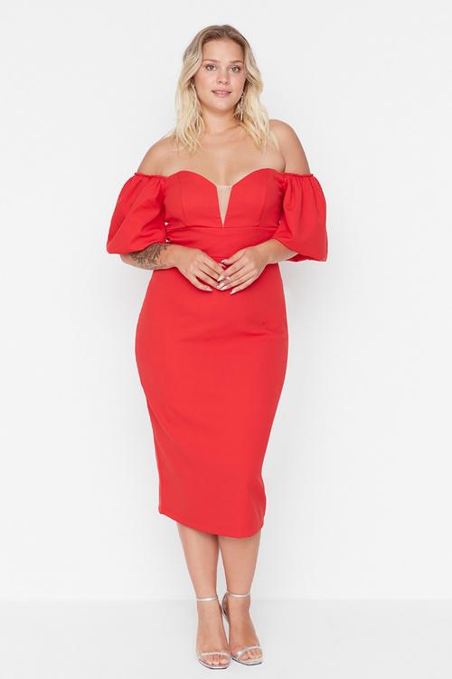 Plus short balloon sleeve midi bodycon dress - red