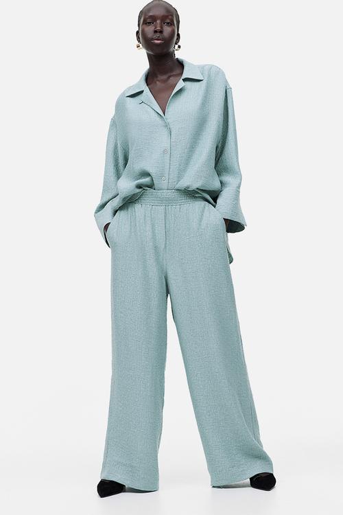 Wide jacquard-weave trousers - blue-grey - 1188993001