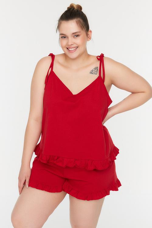 Plus short strappy pajama set - red