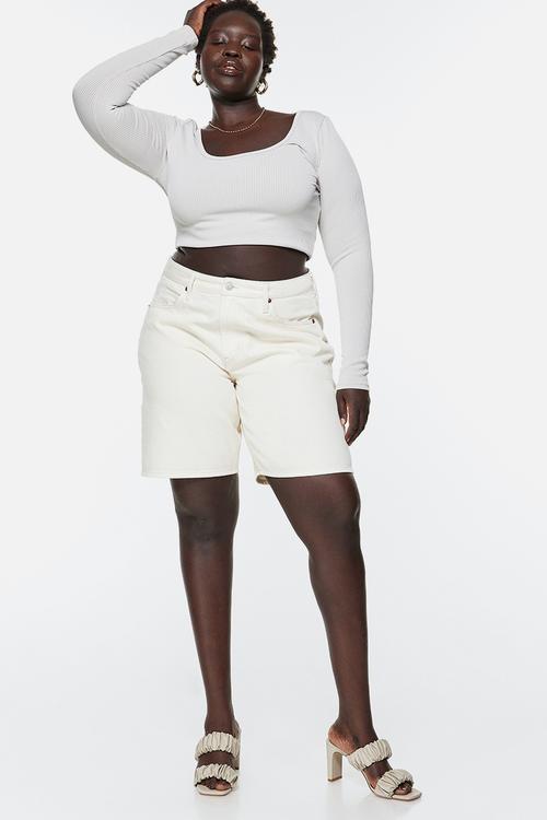 Curvy fit bermuda baggy low denim shorts - cream