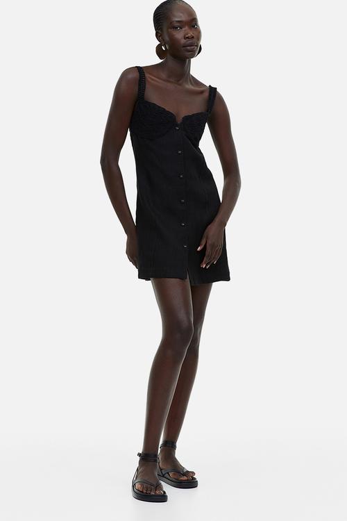 Appliquéd linen mini dress - black