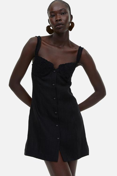 Appliquéd linen mini dress - black