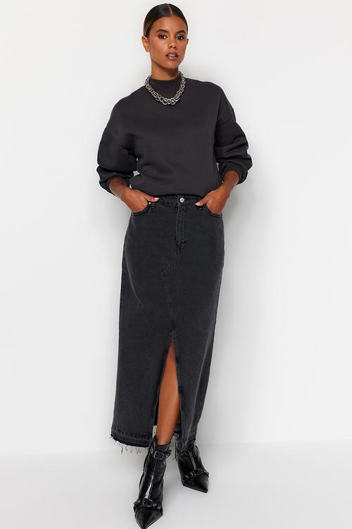 Denim pencil maxi skirt - black