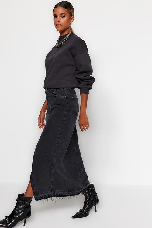 Denim pencil maxi skirt - black