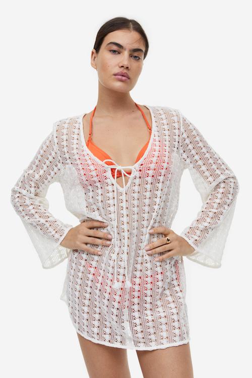 Crochet-look beach kaftan - cream