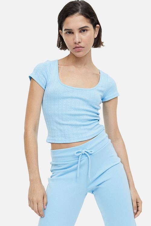 Pointelle jersey top - light blue