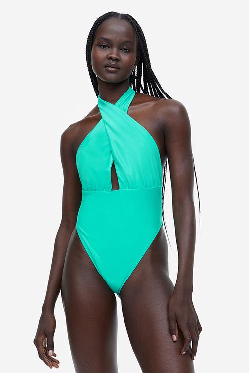 High-leg halterneck swimsuit - - bright green