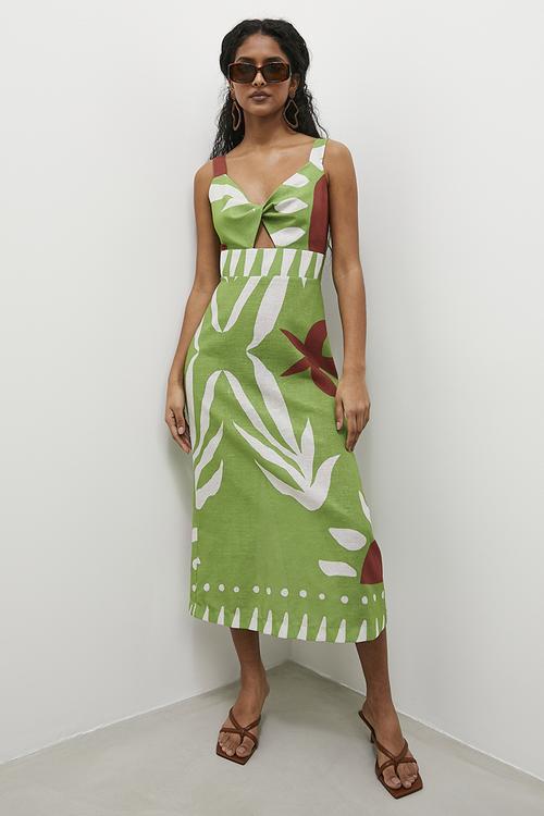 Linen blend column midi with cutout detail - green
