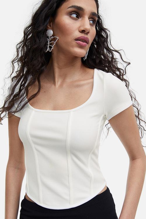 Corset-style ribbed top - cream