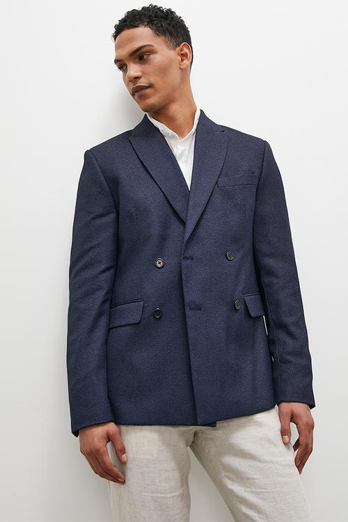 Double breasted slim fit textured blazer - navy 