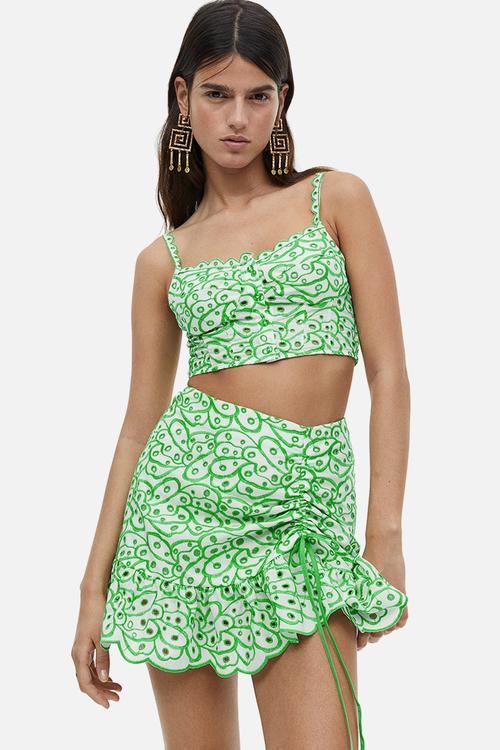 Broderie anglaise cropped top - white & green 
