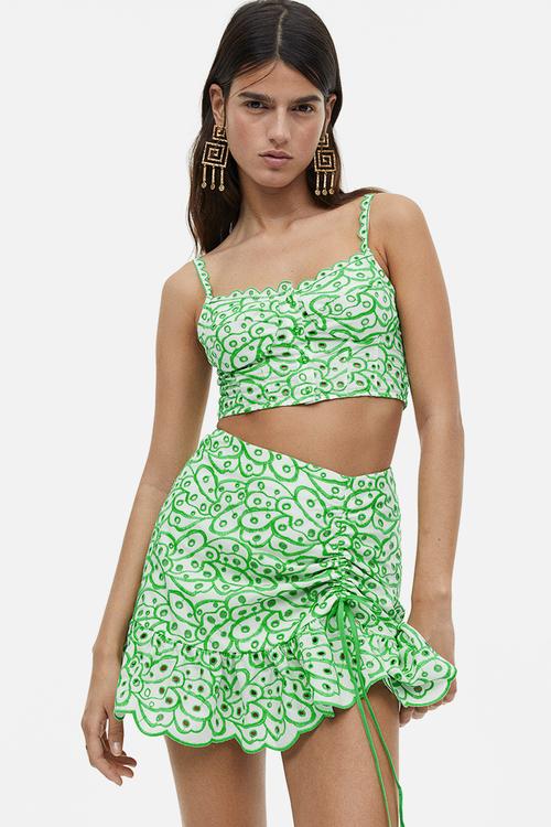 Broderie anglaise drawstring-detail skirt - white & green 
