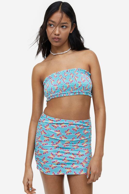 Smocked bandeau bikini top - turquoise butterflies 