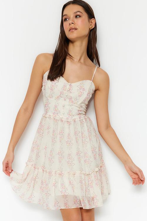 Strappy floral mini dress - ecru