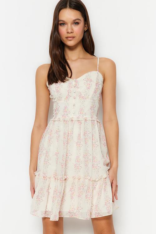 Strappy floral mini dress - ecru