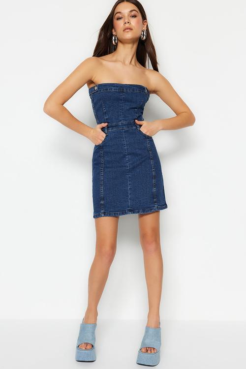 Strapless fitted mini denim dress - blue