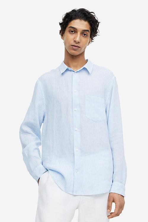 Regular fit linen shirt - light blue & white striped