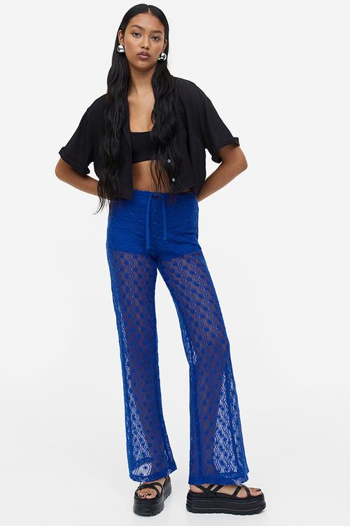 Crochet-look pull-on trousers - bright blue