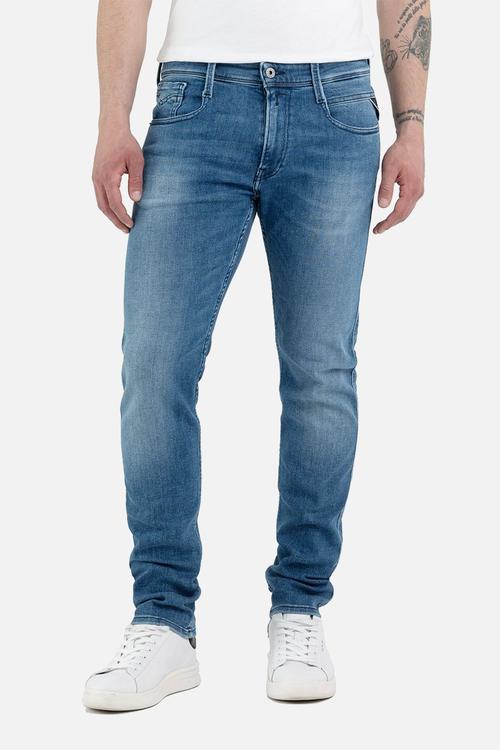 ANBASS 12 oz mid blue power stretch denim - medium blue