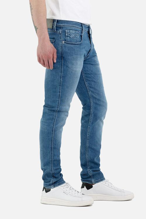 ANBASS 12 oz mid blue power stretch denim - medium blue